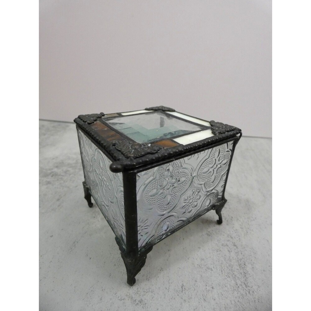 J Devlin Ornate Glass Art Trinket Box Decorative Footed 3" x 3" Hinged Metal